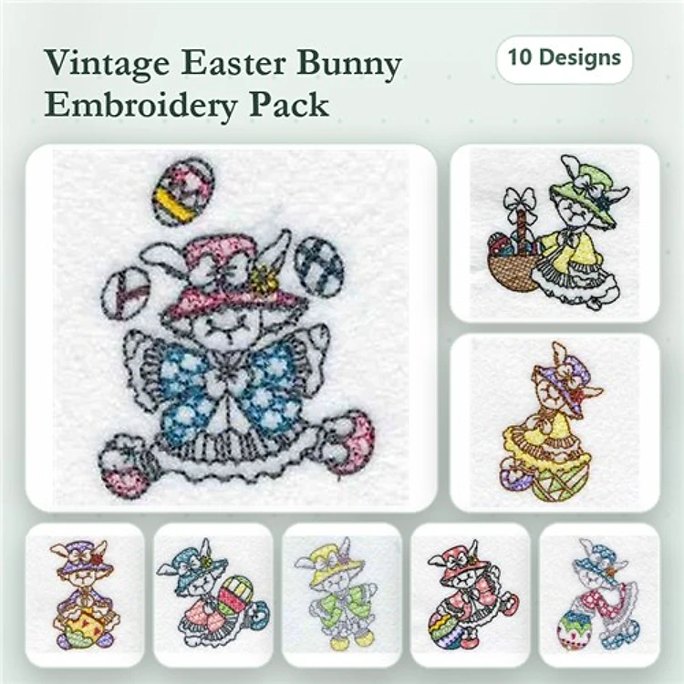Redwork Vintage Easter Bunny Embroidery Designs Bundle – Bunny with Eggs, Bunny with Basket, Bunny with Dress & More (10 Designs)