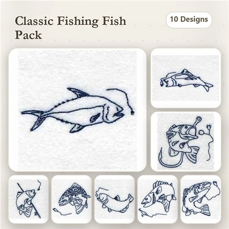 Redwork Fishing Embroidery Designs Bundle – Marlin, Catfish, Trout, Bass & More (10 Designs)