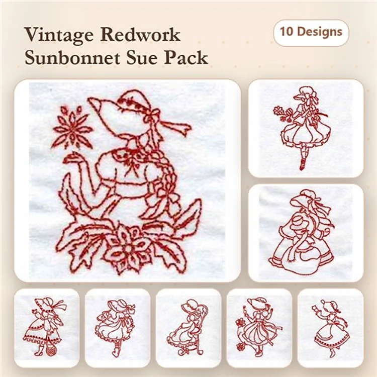 Redwork Vintage Sunbonnet Sue Embroidery Designs Bundle – Sunbonnet Sue with Flower, Sunbonnet Sue Holding Basket & More (10 Designs)