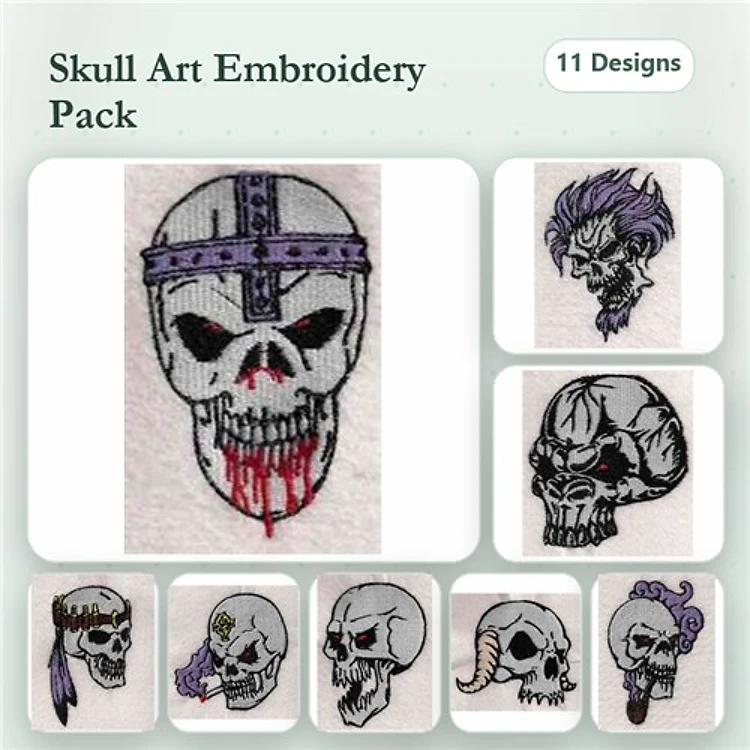 Skull Art Embroidery Designs Bundle – Skull with Headband, Skull with Mohawk, Skull with Crown & More (11 Designs)