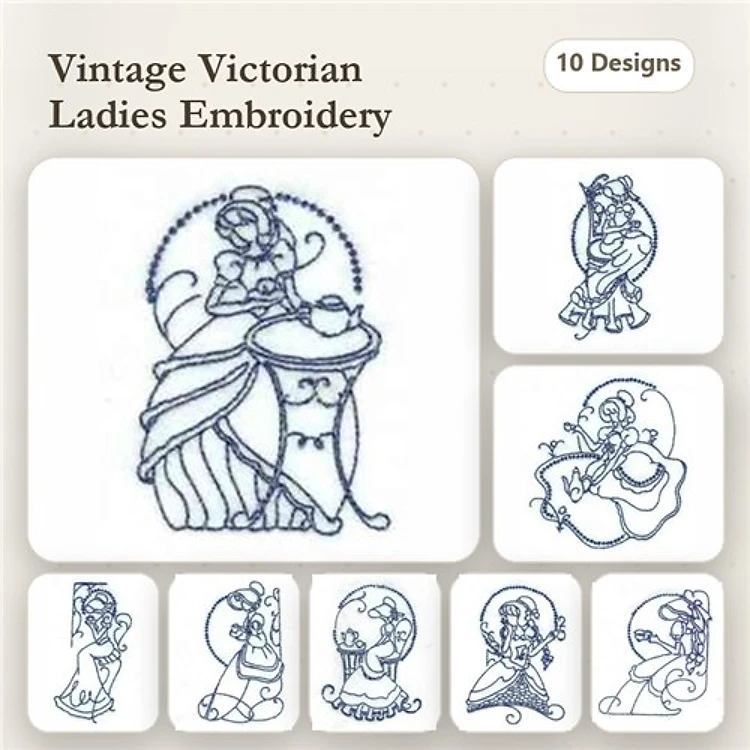 Redwork Vintage Victorian Ladies Embroidery Designs Bundle – Sewing Machine, Hat, Basket, Flowers & More (10 Designs)