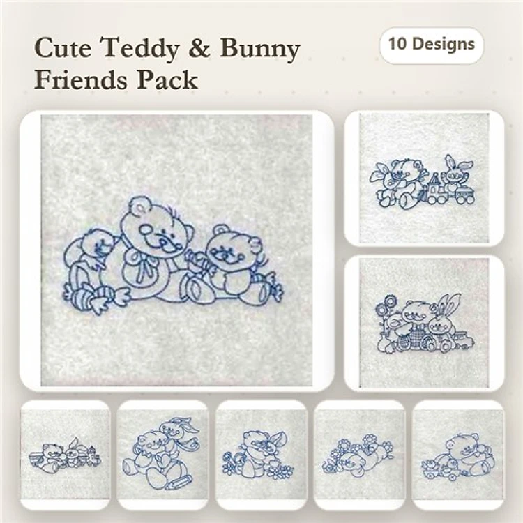 Redwork Teddy Bears & Bunnies Embroidery Designs Bundle – Teddy Bear with Flower, Bunny with Balloon & More (10 Designs)