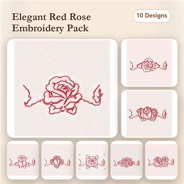 Redwork Elegant Red Rose Embroidery Designs Bundle – Single Elegant Red Rose, Rose with Leaves, Red Rose Cluster & More (10 Designs)