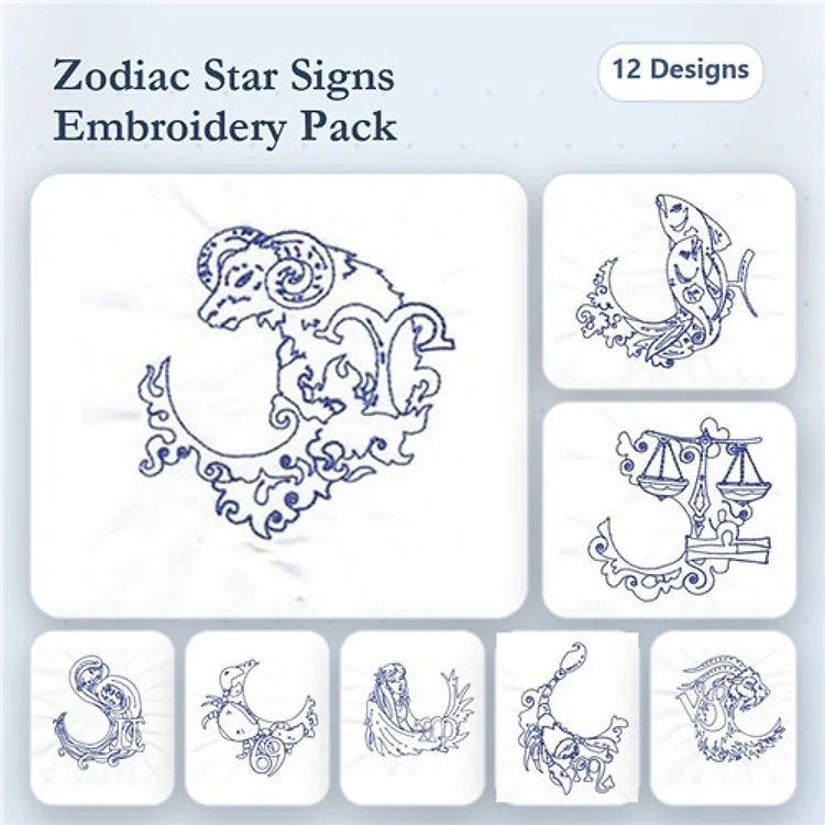 Redwork Zodiac Star Signs Embroidery Bundle – Aries, Taurus, Gemini, Cancer & More (12 Designs)