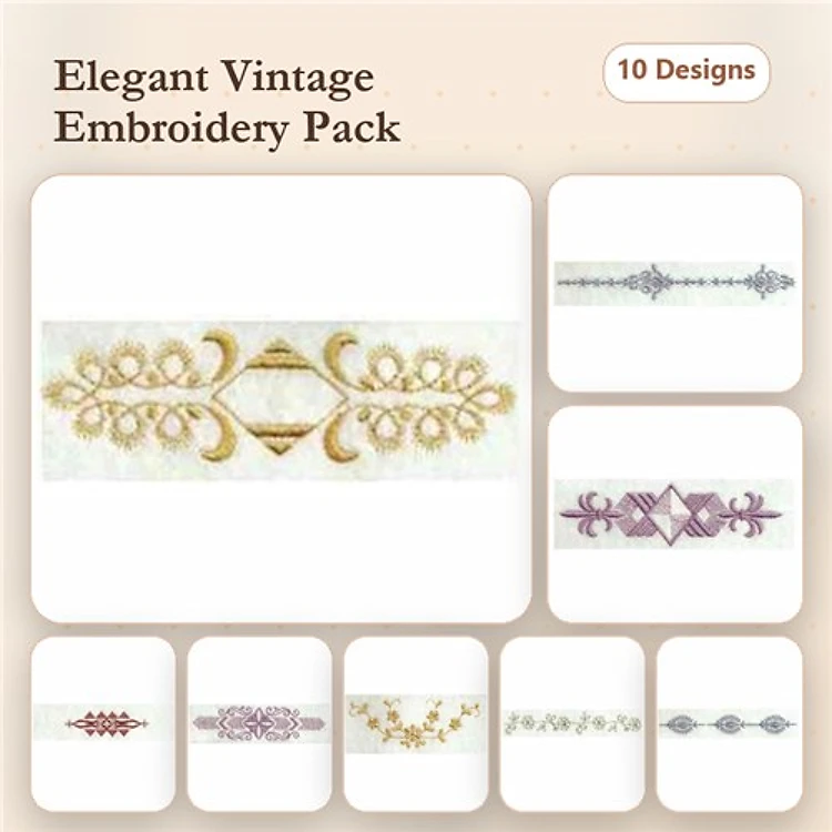 Elegant Vintage Embroidery Bundle – Floral Border 1, Geneva Diamond, Vintage Leaf & More (10 Designs)