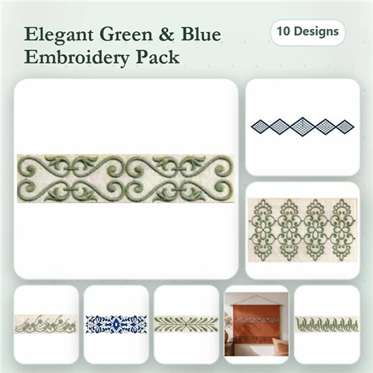 Elegant Green & Blue Embroidery Bundle – Ornate Green Scroll Border, Floral Motif, Intricate Blue Border & More (10 Designs)