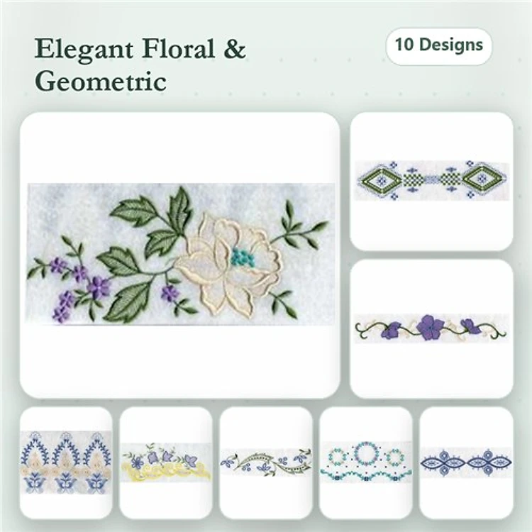 Elegant Floral & Geometric Embroidery Designs Bundle – Floral Embroidery with Blue Accent, Geometric Border with Green Diamond & More (10 Designs)