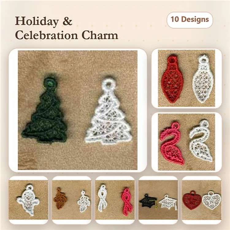 FSL Holiday Charms Embroidery Designs Bundle – Christmas Tree, Reindeer, Snowflakes & More (10 Designs)