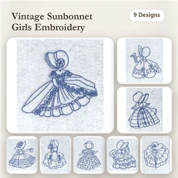 Redwork Vintage Sunbonnet Girls Embroidery Designs Bundle – Sunbonnet Girl with Bonnet, Girl Holding Basket, & More (9 Designs)