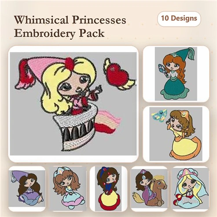 Princess Embroidery Designs Bundle – Princess with Heart, Princess in Blue Dress, Princess with Dog & More (10 Designs)