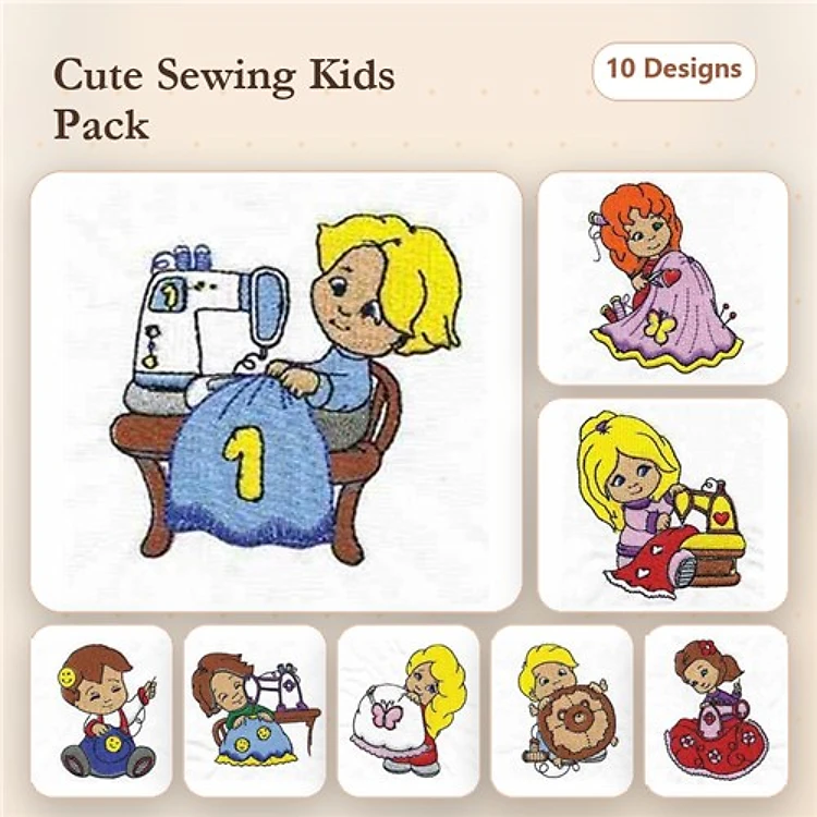 Sewing-Themed Children Embroidery Bundle – Sewing Girl with Machine, Girl in Pink Dress, Sewing Boy with Thread & More (10 Designs)