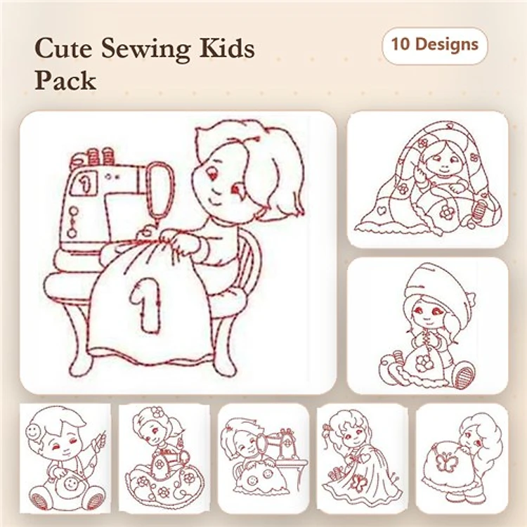 Redwork Sewing-themed Children's Embroidery Bundle – Child with Sewing Machine, Child with Blanket, Child with Toy & More (10 Designs)