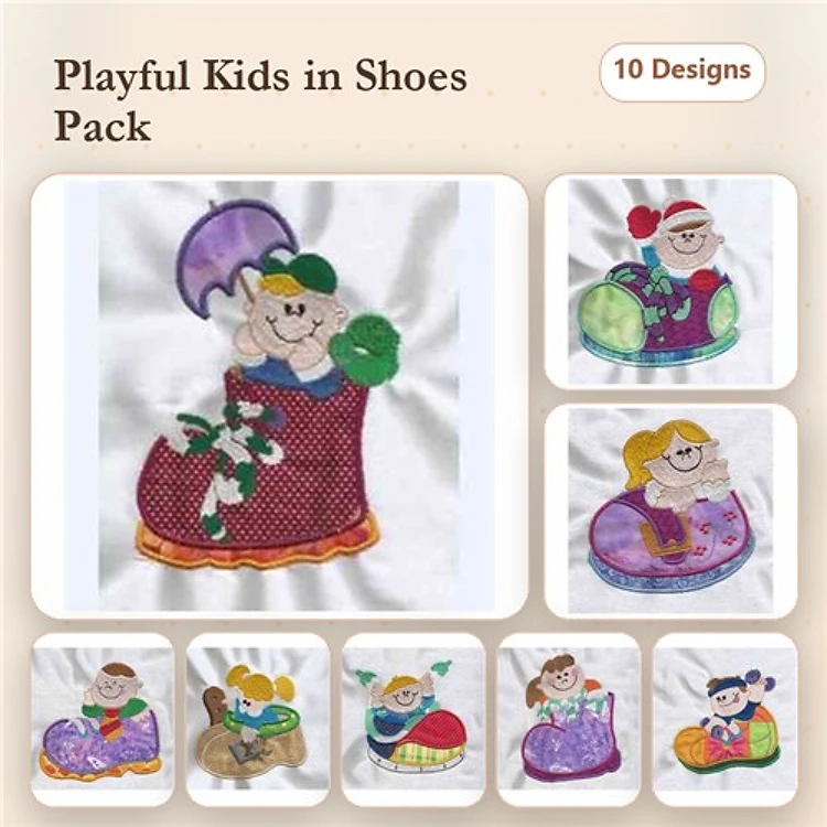 Applique Playful Children in Shoes Embroidery Designs Bundle – Child in Red Shoe, Child in Blue Shoe, & More (10 Designs)