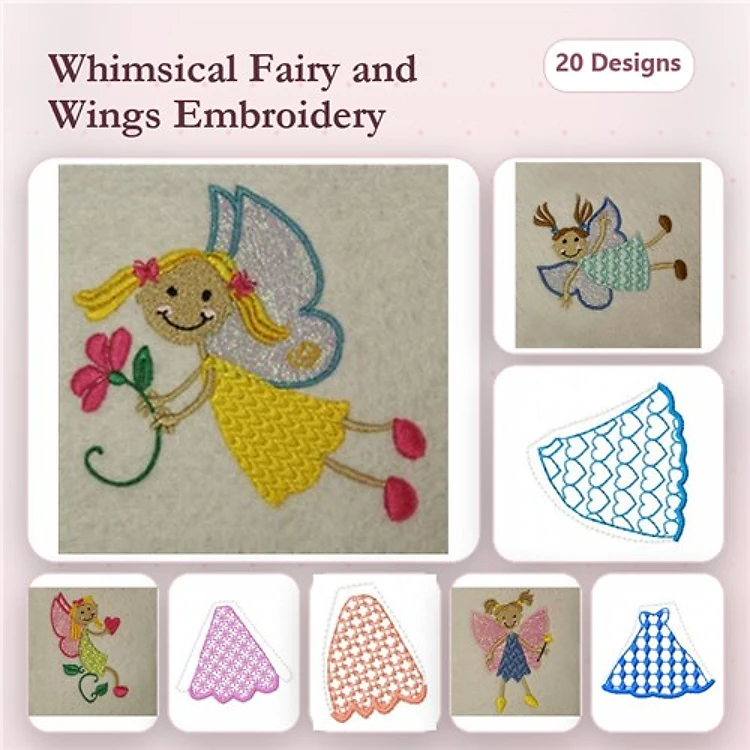 Redwork Fairy & Wings Embroidery Designs Bundle – Fairy with Flower, Decorative Wing Pattern 1 & More (20 Designs)
