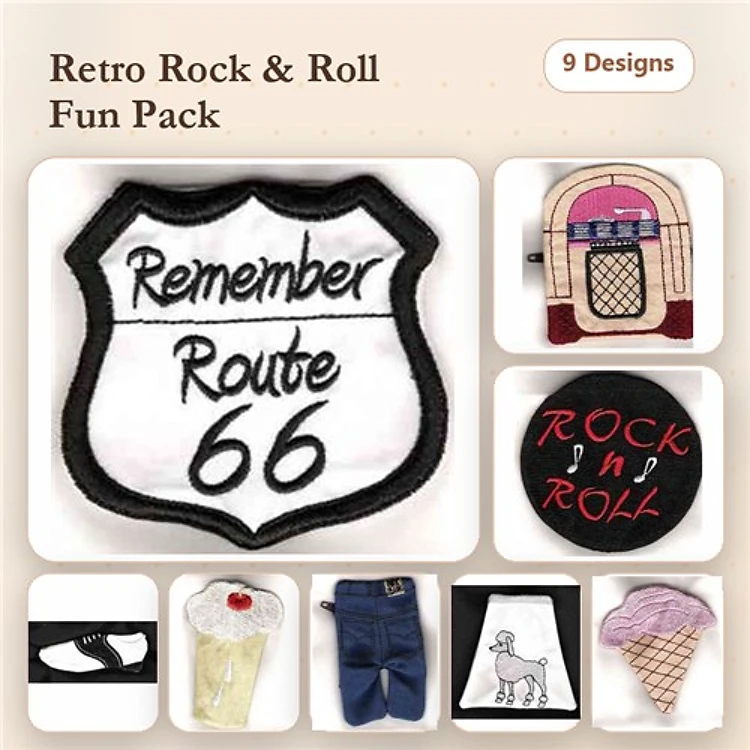 Retro Rock and Roll Embroidery Designs Bundle – Route 66 Sign, Jukebox, Ice Cream Cone & More (9 Designs)