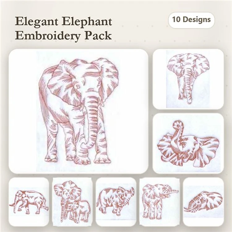 Redwork Elephant Embroidery Bundle – Elegant Elephant Family, Elephant with Flowers, Baby Elephant & More (10 Designs)