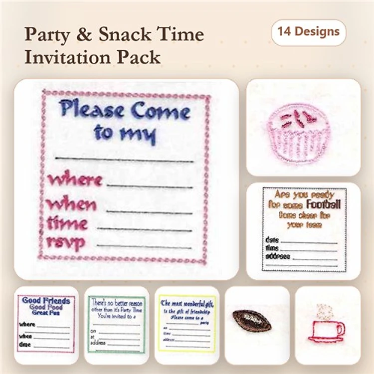 Party Invitation Embroidery Designs Bundle – Football Game, Cupcake, Birthday & More (14 Designs)