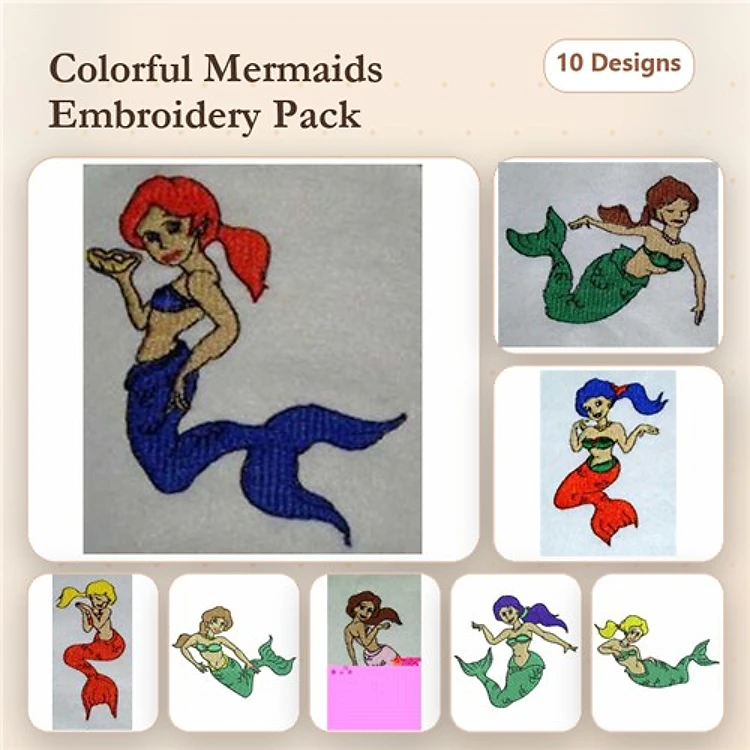 Colorful Mermaids Embroidery Designs Bundle – Red-haired, Green, Blonde & More (10 Designs)