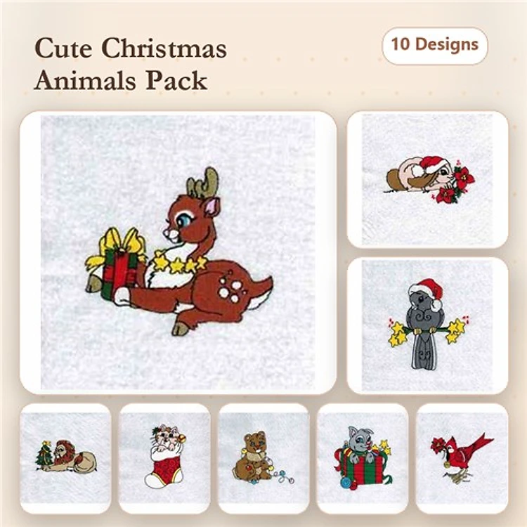 Lion, Teddy Bear & Cat Embroidery Bundle – Holiday Animals (10 Designs)
