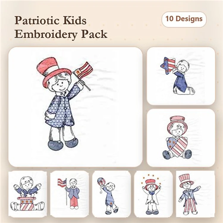 Redwork Patriotic Kids Embroidery Designs Bundle – Boy with Flag, Girl with Hat and Flag, Boy Drumming & More (10 Designs)