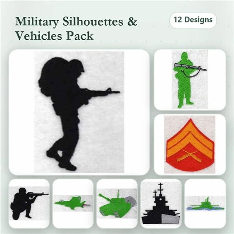 Military Silhouettes and Vehicles Embroidery Bundle – Soldier Silhouette, Tank Silhouette, Battleship Silhouette & More (12 Designs)