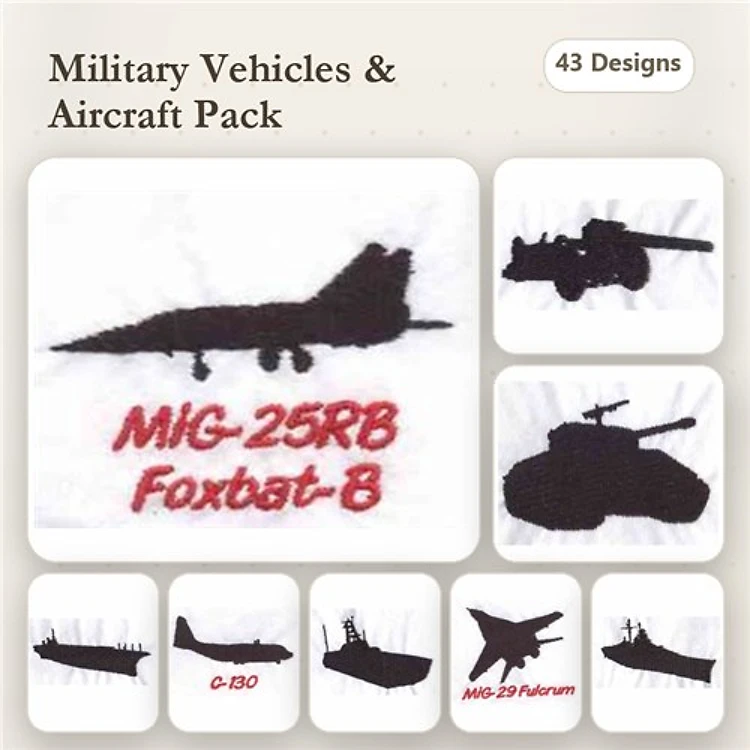 Military Vehicles & Aircraft Embroidery Designs Bundle – MiG-25RB Foxbat-B, G-B30, MiG-29 Fulcrum, Tank & More (43 Designs)