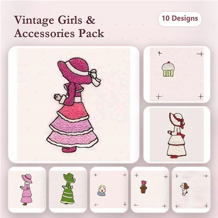 Vintage Girls Embroidery Designs Bundle – Vintage Girl in Pink Dress, Cupcake, Vintage Girl with Hat & More (10 Designs)