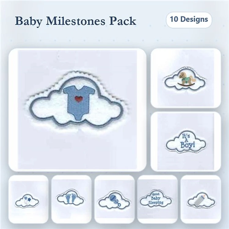 Baby Milestones Embroidery Designs Bundle – Baby Onesie with Heart, It's A Boy!, Baby Bottle & More (10 Designs)