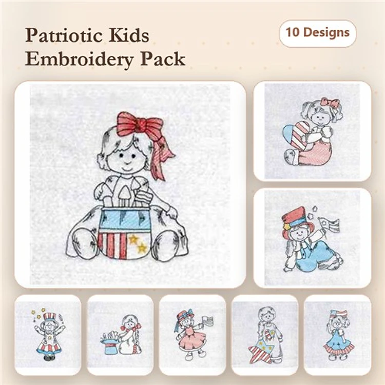Redwork Patriotic Children Embroidery Designs Bundle – Boy with Flag, Girl with Fireworks, Bear with Stars & More (10 Designs)