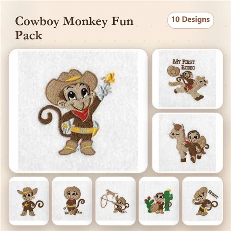 Cowboy Monkey Embroidery Designs Bundle – Cowboy Monkey with Star, Monkey on Horse, Monkey with Lasso & More (10 Designs)