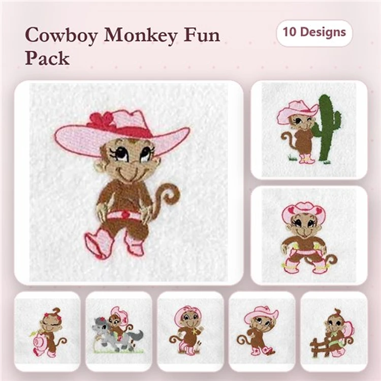 Cowboy & Cowgirl Monkeys Embroidery Designs Bundle – Cowboy Monkey with Cactus, Cowgirl Monkey with Hat & More (10 Designs)