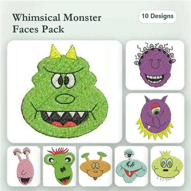 Whimsical Monster Faces Embroidery Designs Bundle – Green Monster Face, Purple Monster Face, Smiling Monster Face & More (10 Designs)