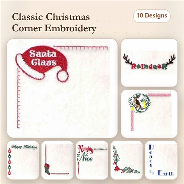 Christmas Corner Embroidery Designs Bundle – Santa Claus Hat Corner, Reindeer Corner, Holiday Wreath Corner & More (10 Designs)