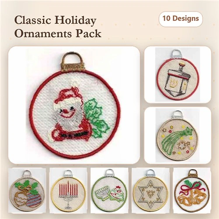 FSL Holiday Ornaments Embroidery Designs Bundle – Santa, Lantern, Gift, Candle & More (10 Designs)
