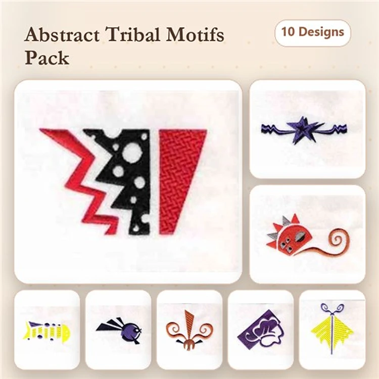 Abstract Tribal Motifs Embroidery Designs Bundle – Abstract Triangle, Spiral Star, Abstract Swirl & More (10 Designs)