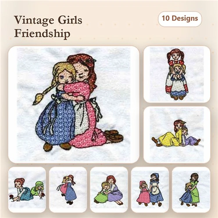 Girls Friendship Embroidery Designs Bundle – Girls Embracing, Girl with Blonde Braid, Girls Hugging & More (10 Designs)