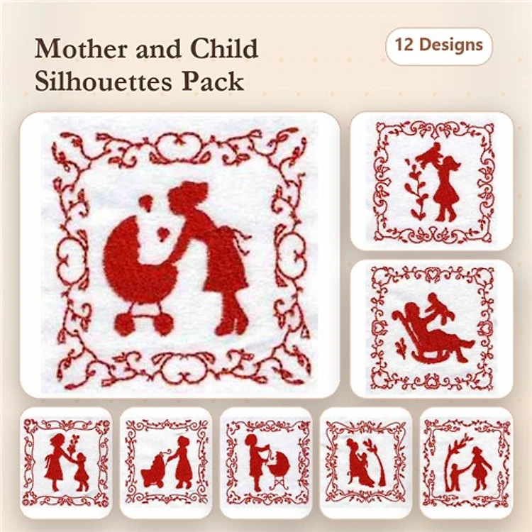 Redwork Mother and Child Silhouettes Embroidery Designs Bundle – Mother with Baby, Kissing, Reading & More (12 Designs)