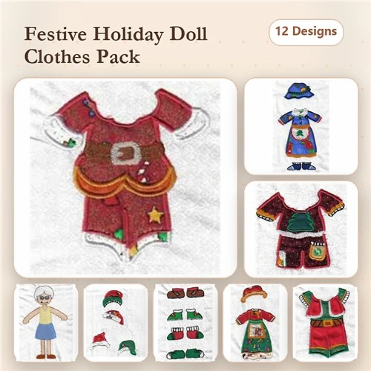 Holiday-Themed Doll Clothes Embroidery Designs Bundle – Santa Outfit, Elf Costume, Reindeer Sweater & More (12 Designs)