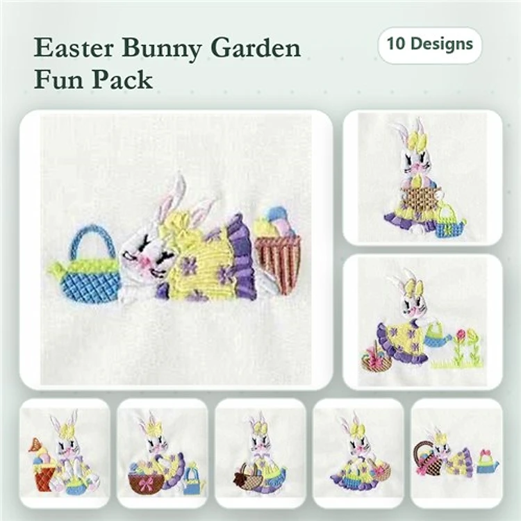 Easter Bunny Embroidery Designs Bundle – Bunny with Basket, Bunny with Egg, Bunny with Flower & More (10 Designs)