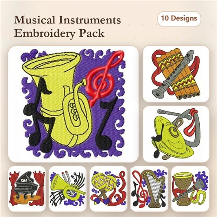 Musical Instruments Embroidery Bundle – Trombone, Saxophone, Trumpet, Tuba & More (10 Designs)