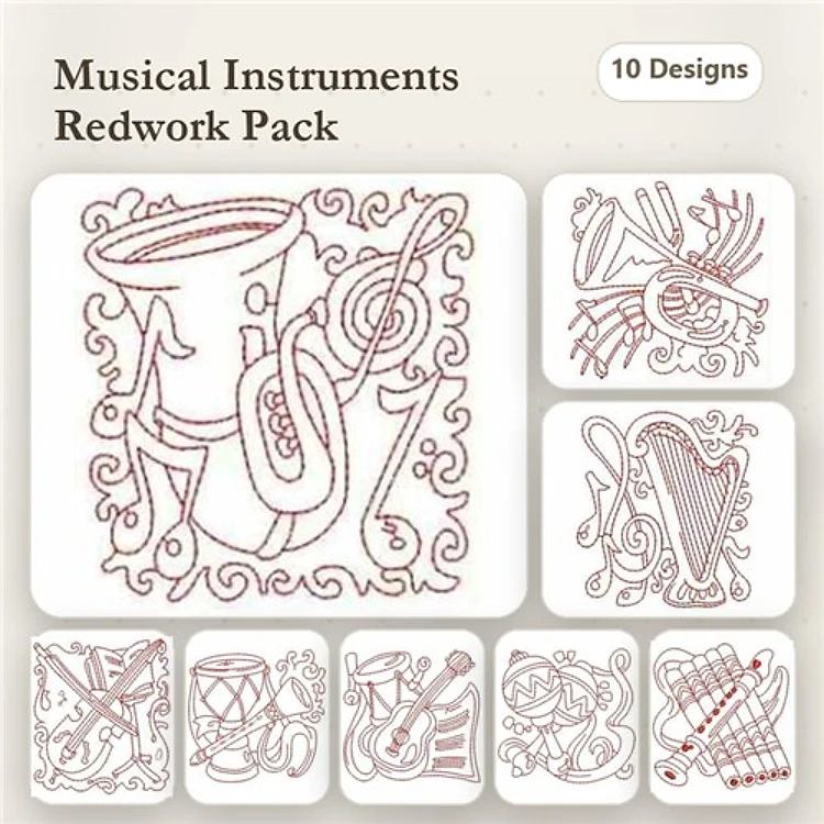 Redwork Musical Instruments Embroidery Designs Bundle – Trombone, Trumpet, Harp, Drum & More (10 Designs)
