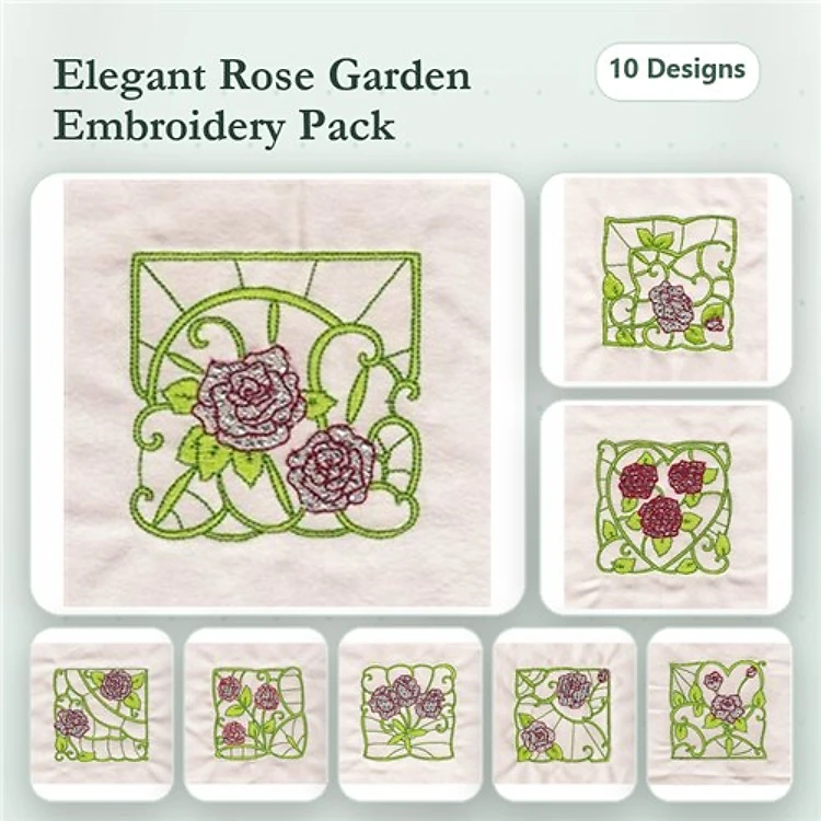Rose Garden Embroidery Designs Bundle – Rose Square, Rose with Vines, Cluster of Roses & More (10 Designs)