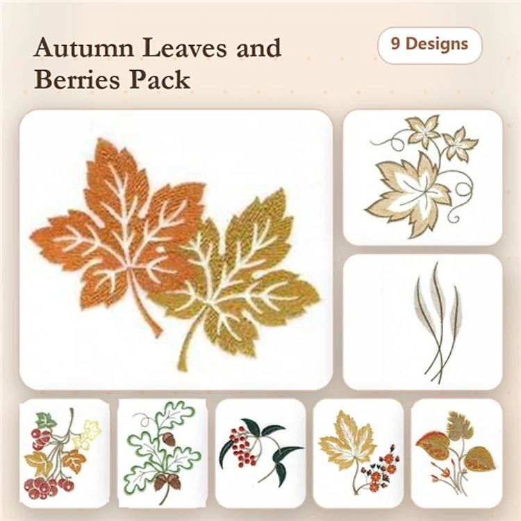 Autumn Leaves and Berries Embroidery Designs Bundle – Maple Leaf, Oak Leaf, Holly with Berries & More (9 Designs)