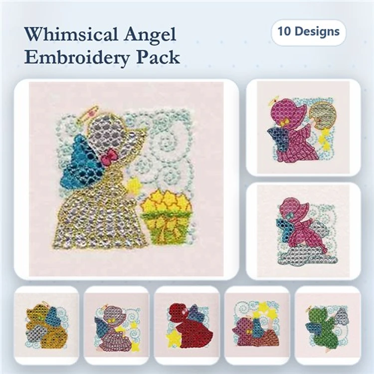 FSL Whimsical Angels Embroidery Bundle – Angel with Basket, Blue Angel, Angel with Flowers & More (10 Designs)