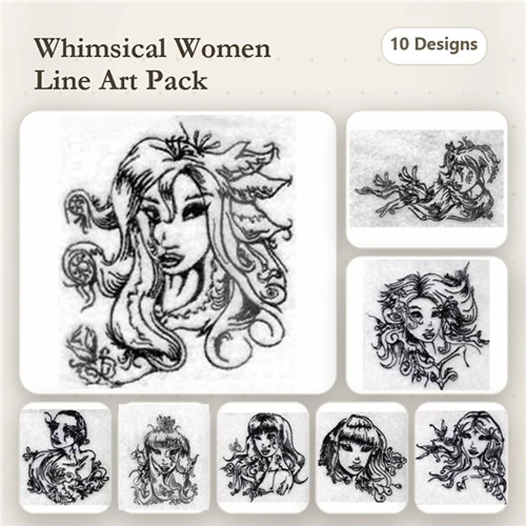 Redwork Whimsical Women Embroidery Designs Bundle – Line Art Lady with Floral Hair, Elegant Woman with Accessories & More (10 Designs)