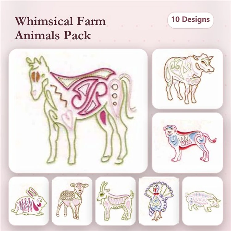 Horse, Cow & Tiger Embroidery Bundle – Farm Animals (10 Designs)