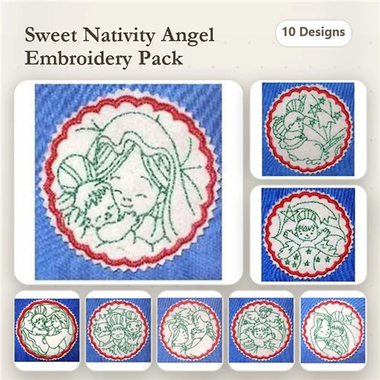 Redwork Nativity Angel Embroidery Bundle – Nativity Angel with Child, Angel with Star, Angel with Bethlehem & More (10 Designs)