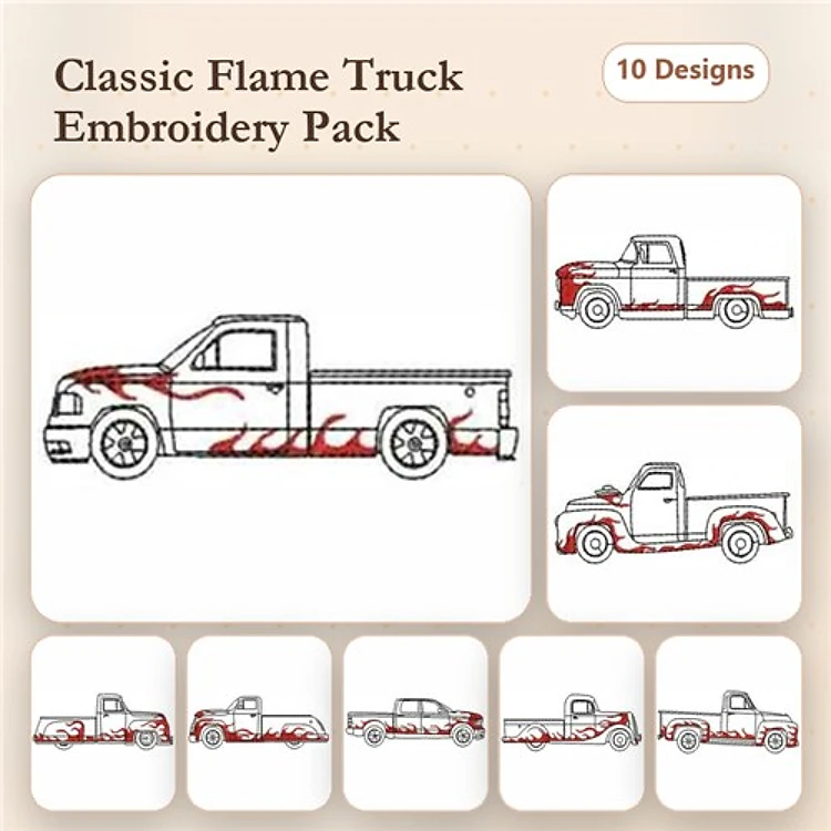 Redwork Flame Truck Embroidery Designs Bundle – Classic Flame Truck Side View, Front View, Back View & More (10 Designs)