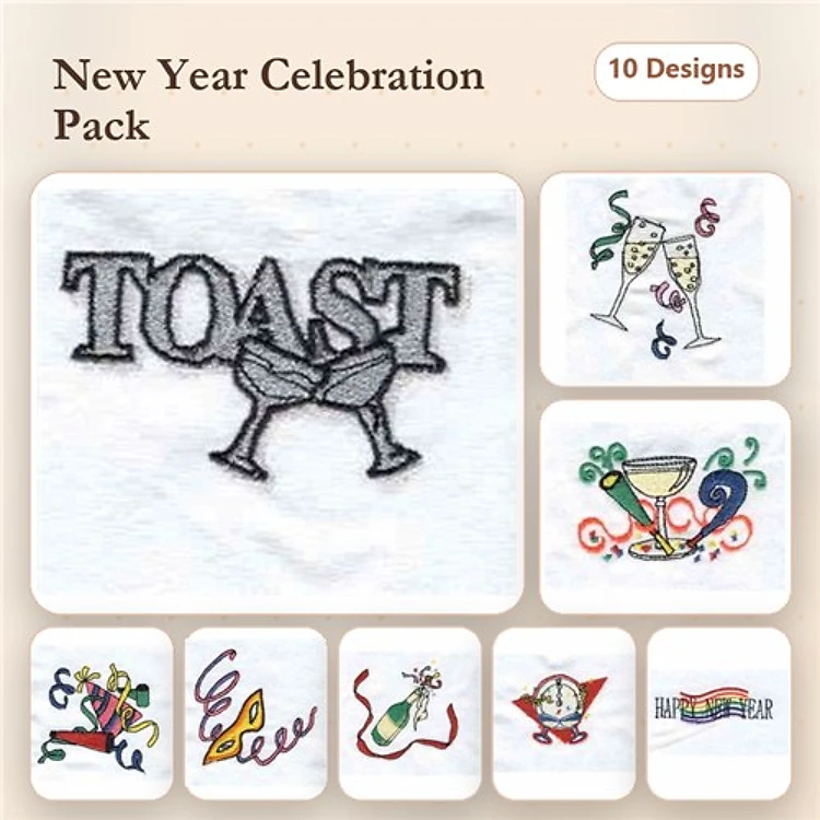 New Year Celebration Embroidery Designs Bundle – Toast with Wine Glasses, Party Hat, Cocktail Glass & More (10 Designs)
