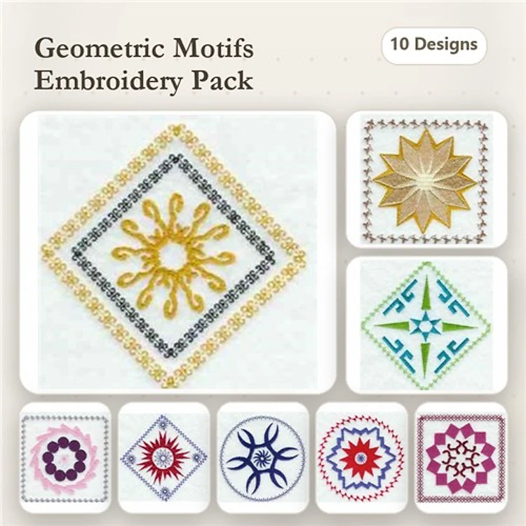 Geometric Motifs Embroidery Designs Bundle – Geometric Star, Floral Diamond, Spiral Motif & More (10 Designs)